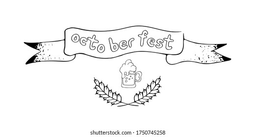Letras vectoriales de Oс Fest dibujadas a mano aisladas con una taza de cerveza al estilo de doodle. Ilustración para el diseño del festival, invitación, tarjeta de saludo, afiche.