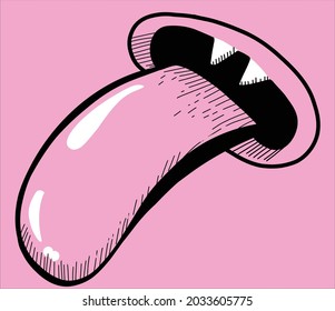 Objeto vectorial aislado a mano, lengua que sale de una boca flotante con diminutos dientes colgantes, negro y blanco sobre fondo rosado, caricatura esquemática estilo doodle para pegatina, tatuaje, gráficos retro