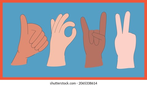 Isolated hand gestures on blue background. Interracial equality. Vector illustration.