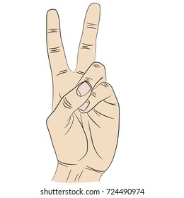 Isolated hand gesturing victory sign. Index and middle fingers raised and parted while other fingers clenched.