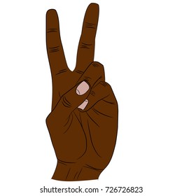 Isolated hand gesturing victory sign. Index and middle fingers raised and parted while other fingers clenched.