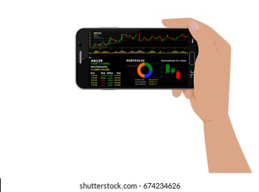 Isolated Hand hold smart phone which using stock trading application
