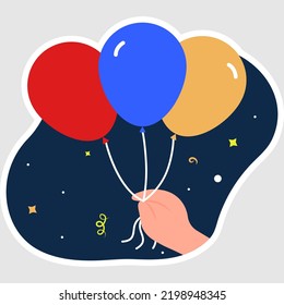 Isolated Hand Holding Balloons On Blue Background.