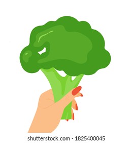 Isolated hand holding broccoli. Vector design concept. Green healthy food. Woman offer to eat vegan vegetable. Healthy illustration for fitness background poster