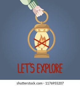 Isolated hand holding a lantern with red hand drawn lettering on a blue background. Flat cartoon vector illustration.