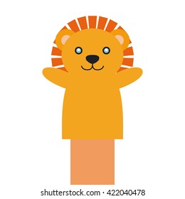 Isolated hand holding a lion puppet on a white background