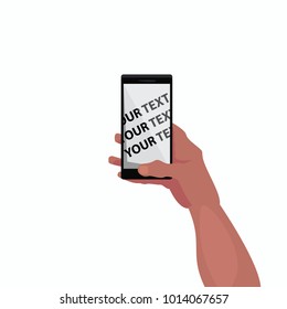 Isolated hand holding smartphone with sample text on screen on white background. Mockup of screen of smartphone in hand. Simplified realistic hand draw comic art style. Vector illustration