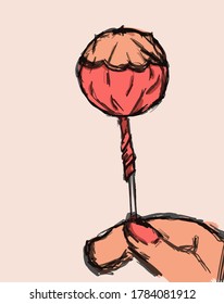 Isolated hand holding sweet on a stick in doodle style. Vector illustration