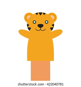 Isolated hand holding a tiger puppet on a white background