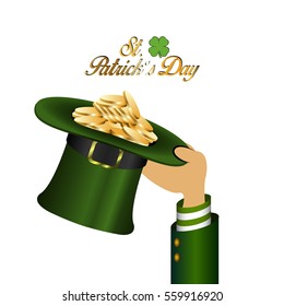 Isolated hand holding a traditional hat full of golden coins, Patrick's day vector illustration