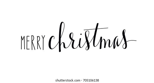 Isolated, hand lettered Merry Christmas text or words.  Hand written vector calligraphy Merry Xmas holiday phrase or quote.