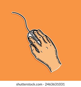 Isolated hand with mouse. Computer mouse for laptop or pc. Mouse with buttons and scroll wheel. Pointing device. Isolated in an orange background vector illustration design. Hand and computer mouse