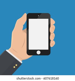 Isolated hand with a phone. Blank screen. Businessman's hand.