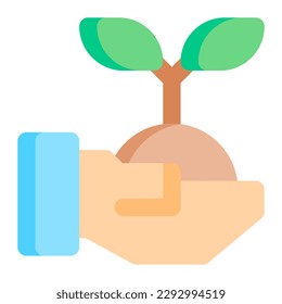 Aislada mano con planta en icono plano sobre fondo blanco. Jardinería, agricultura, brote, crecimiento, hojas