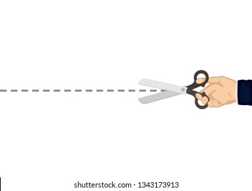 Isolated hand with scissors cutting the paper with dash lines. Vector illustration.