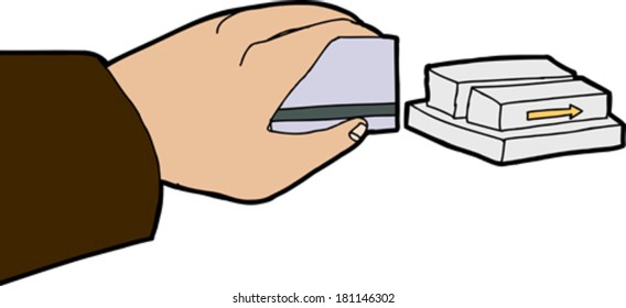 Isolated hand swiping credit card through metal reader