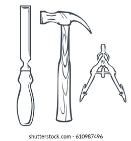 Isolated Hand Tools Chisel, Hummer and Compass. Vector illustration