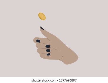 An isolated hand tossing a coin, heads or tails svg