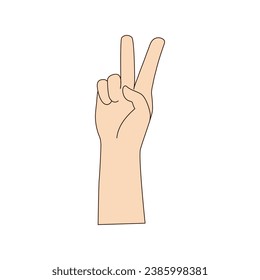 Isolated Hand two fingers up gesture. Vector illustration beige color. Hand shows number two. Simple Outline icon for covers, print, icons, symbols, gesture concept together, victory, support.
