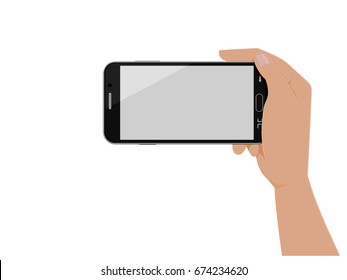 Isolated Hand Which Is Holding Horizontal Smart Phone On Transparent Background
