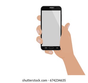 Isolated hand which is holding vertical smart phone on transparent background
