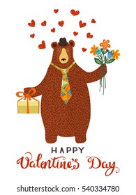 Isolated Hand-drawn cartoon bear wearing a sweater and a hat with a gift and a flowers in his paws. Happy Valentines Day greeting card design. Vector illustration.