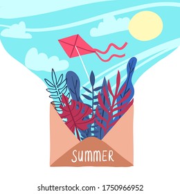Isolated hand-drawn colored kraft envelope with leaves, kite flying in the cloudy sky and lettering Summer. Cute envelope with plants inside. Template for a poster, cards, banner Vector illustration.