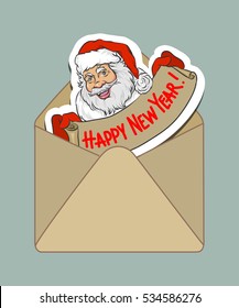 Isolated hand-drawn colored kraft envelope and sticker with cartoon Santa Claus, vector illustration