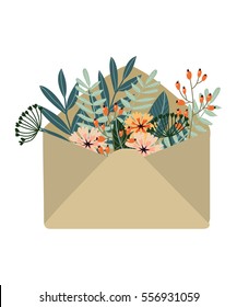 Isolated hand-drawn colored kraft envelope with flowers, vector illustration