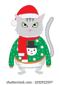 The isolated hand-drawn cute cat wearing a silly green winter sweater with a snowman and red New Year's cap