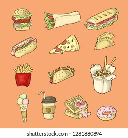 Isolated handdrawn fastfood illustrations on white background.