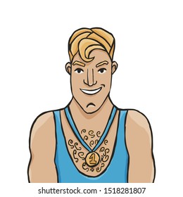 Isolated hand-drawn flat Cartoon handsome blond sportsman in a blue shirt. Bully winner with a Golden Medal. Vector Illustration of strong healthy fair man smiling. Male champion character design
