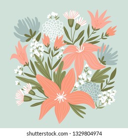 Isolated hand-drawn floral bouquet on the blue background. Vector illustration with lilies. Decor element for card or poster design.