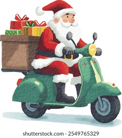 Isolated hand-drawn illustration of Santa Claus in watercolor style, driving on a motorbike or moped with many gifts. Santa delivers gifts and presents on his motorcycle as a courier