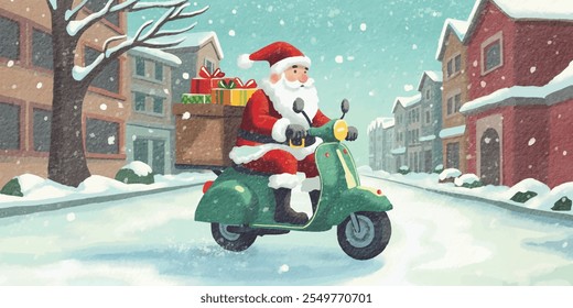 Isolated hand-drawn illustration of Santa Claus in watercolor style, driving on a scooter with many gifts in a box, delivering presents as a courier, driving down the night winter snowy street