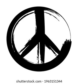 Isolated hand-drawn peace symbol, drawn with brush strokes in black ink