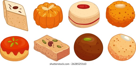 isolated hand-drawn vector objects mitai, laddoo, barfi, gulab jamun, peda, jalebi for diwali festival Indian sweets, oriental traditional food