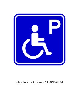 isolated handicap parking sign on blue round square board with letter "P", flat vector design