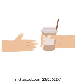 Isolated hands with coffee cup paper container. Take away latte. sale of hot drinks to go