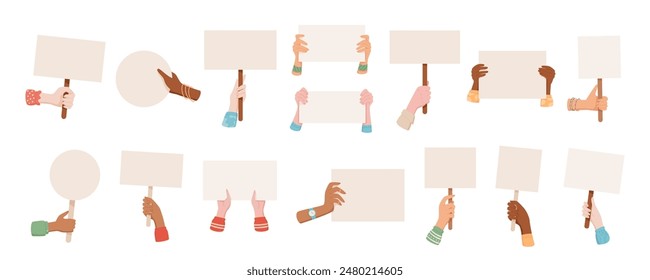 Isolated hands hold protest sign and banners set, man parade demonstration rectangle signboard collection, character show up protest circle flag, person raise support poster, hand hold strike placard