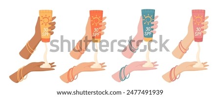 Isolated hands hold sunblock lotion pack set, vector woman character with uv block oil tube or sun screen moisturizer product, cartoon hand holds skin protection cream container or spf cosmetic bottle