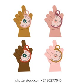 Isolated hands holding a compass on a white background. Vector illustration