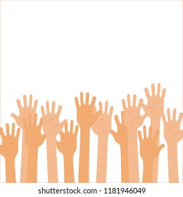 Isolated up hands holding together. Teamwork, collaboration, voting, concert. Colorful vector flat illustration concept