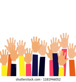 Isolated up hands holding together. Teamwork, collaboration, voting, concert. Colorful vector flat illustration concept