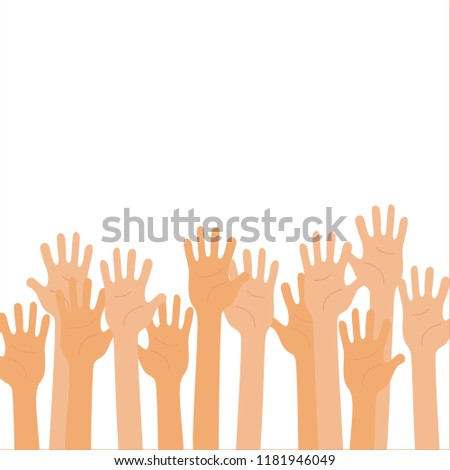 Isolated up hands holding together. Teamwork, collaboration, voting, concert. Colorful vector flat illustration concept