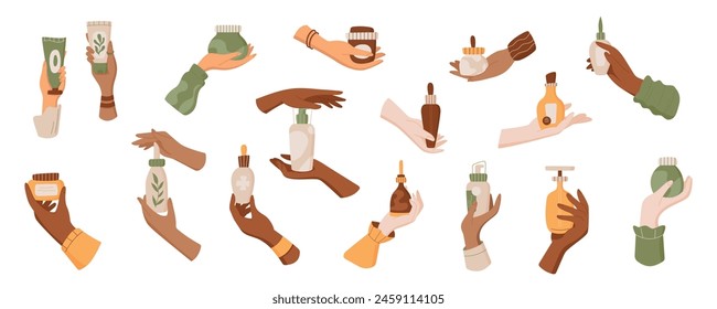 Isolated hands holds cosmetic skincare bottle collection, flat antiaging hair care pack, eco moisturizing beauty product jar, trendy skin care lotion tube vector illustration.