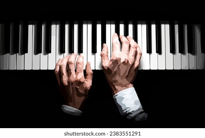 Isolated hands playing on the piano, dark background. Vector