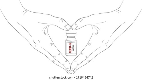 Isolated hands that show shape oh heart with vaccine against the virus Covid-19 ampoule in bottle around it.