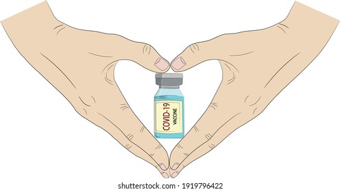 Manos aisladas que muestran forma oh corazón con vacuna contra la ampolla de virus Covid-19 en el frasco a su alrededor.
