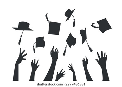 Isolated hands toss graduation caps up. Black silhouettes on a white background.